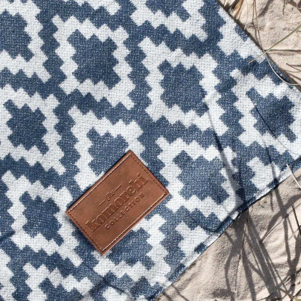 Komorebi Blue & White Diamond Jacquard Picnic Blanket with Leather Carry Straps
